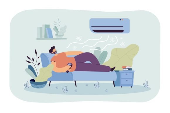 Download Man Relaxing on Couch Under Cold Air Flo - Relax Collection